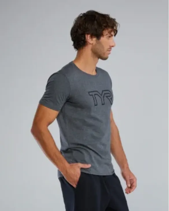 TYR Men's Ultrasoft Lightweight Tri Blend Tech Tee - Big Logo - 255 Charcoal Heather