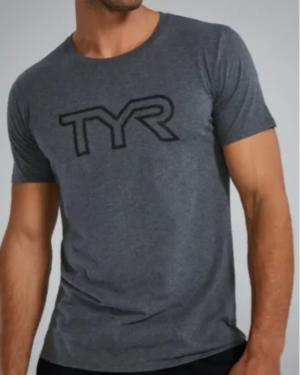 TYR Men's Ultrasoft Lightweight Tri Blend Tech Tee - Big Logo - 255 Charcoal Heather