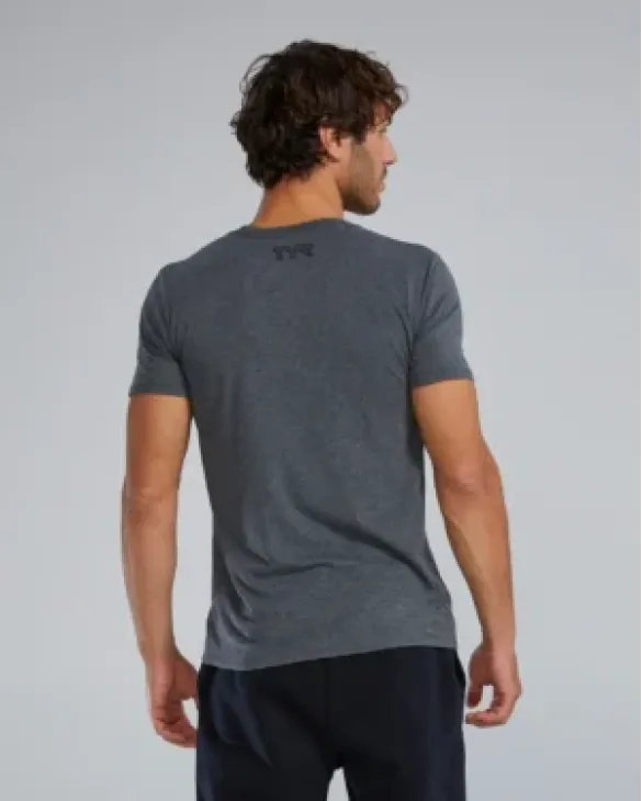 TYR Men's Ultrasoft Lightweight Tri Blend Tech Tee - Big Logo - 255 Charcoal Heather