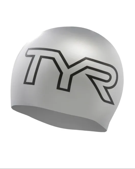 TYR Adult Silicone Swim Cap - Large Logo In stock - 040 Silver