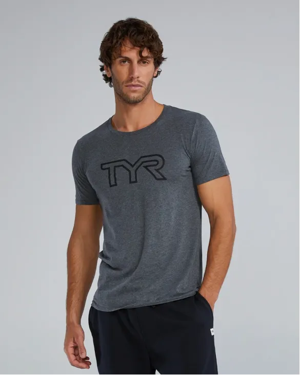 TYR Men's Ultrasoft Lightweight Tri Blend Tech Tee - Big Logo - 255 Charcoal Heather