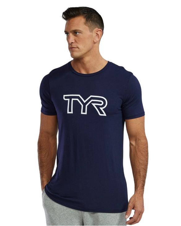 TYR MEN'S ULTRASOFT LIGHTWEIGHT TRI BLEND TECH TEE - BIG LOGO - 401 Navy