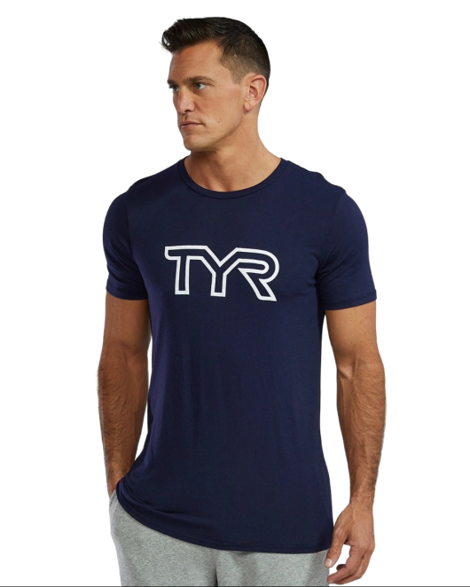 TYR MEN'S ULTRASOFT LIGHTWEIGHT TRI BLEND TECH TEE - BIG LOGO - 401 Navy