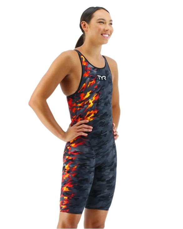 TYR WOMEN'S VENZO OPEN BACK SWIMSUIT - CAMO FIRE - 937 Fire
