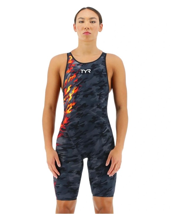 TYR WOMEN'S VENZO OPEN BACK SWIMSUIT - CAMO FIRE - 937 Fire